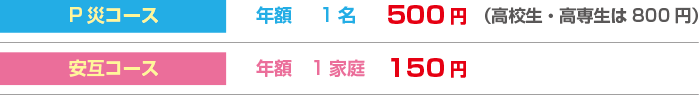 P災コース年額1名500円(高校生・高専生は800円) 安互コース年額1家庭150円